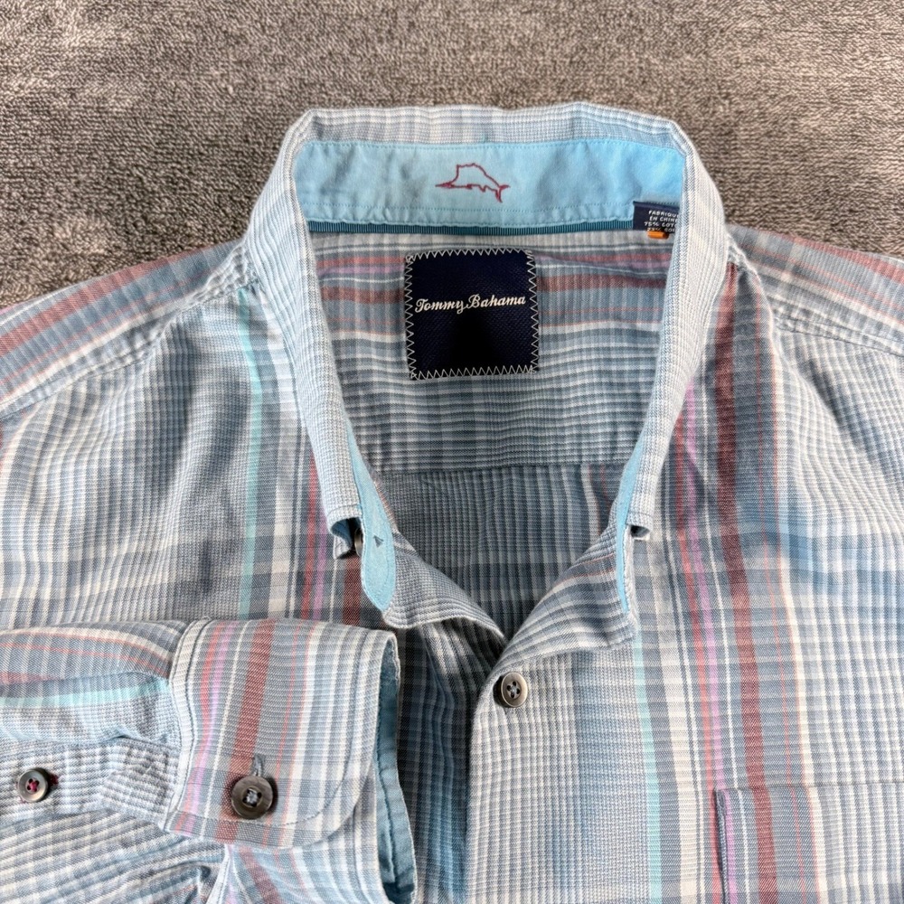 Tommy Bahama Mens XL Blue Plaid Cotton Silk Blend Long Sleeve Button Down Shirt